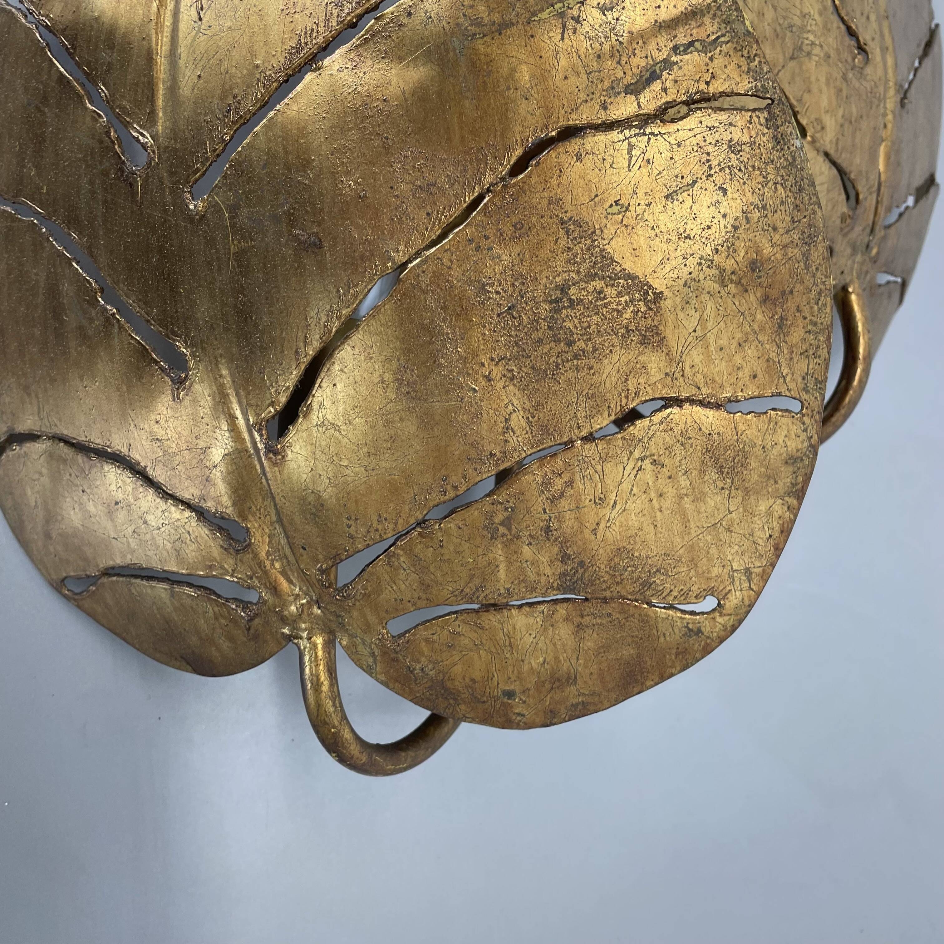 Golden metal "monstera" leaf wall light sconce, france, 1970s