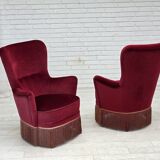 1970s, Danish highback armchair, red furniture velour, beech wood.