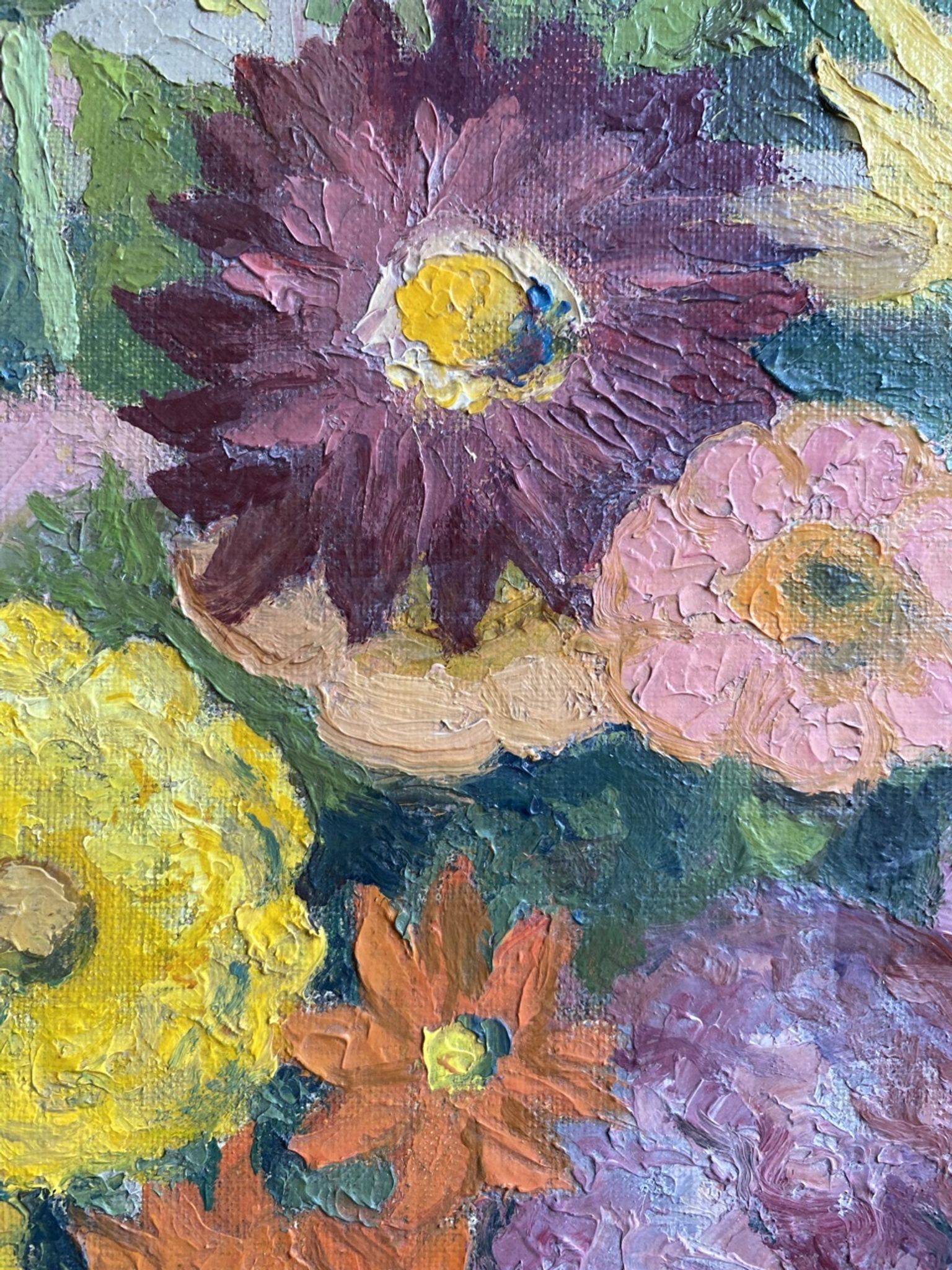 Antique painting, still life with blue vase and flowers, mid-20th century