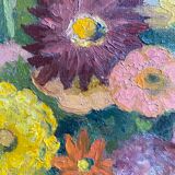 Antique painting, still life with blue vase and flowers, mid-20th century