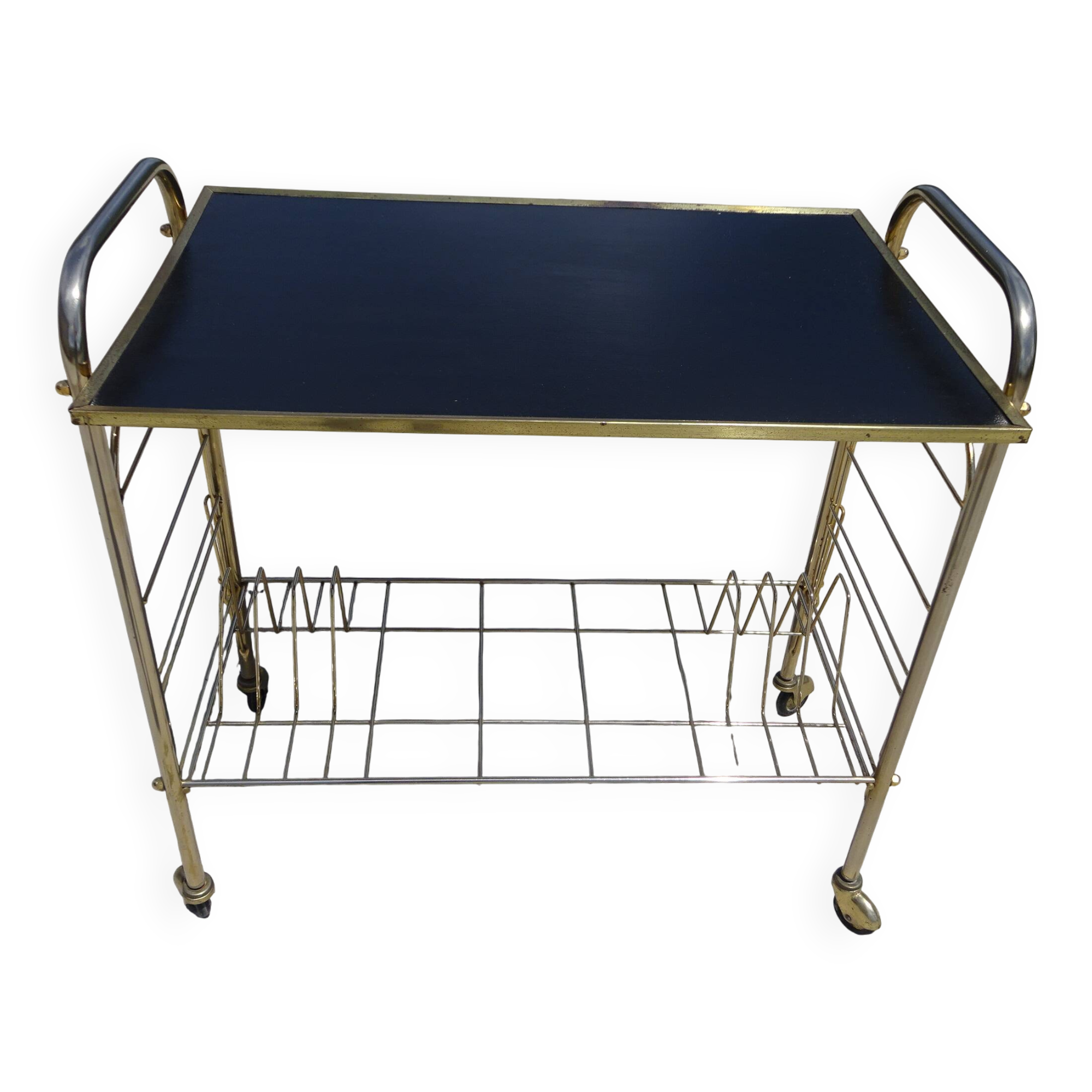 Serving trolley, vinyl record holder in golden brass