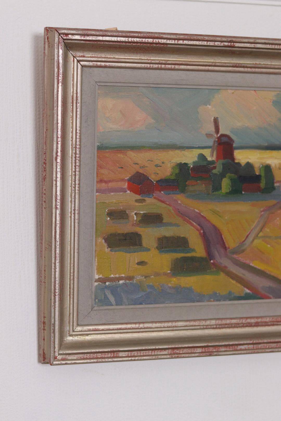 Huile sur toile originale suédoise – « Paysage avec moulin à vent » par Harry Sahlin