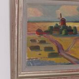 Huile sur toile originale suédoise – « Paysage avec moulin à vent » par Harry Sahlin