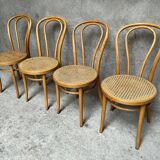 Set of 4 vintage bistro chairs in curved wood and cane seats 1950 1960