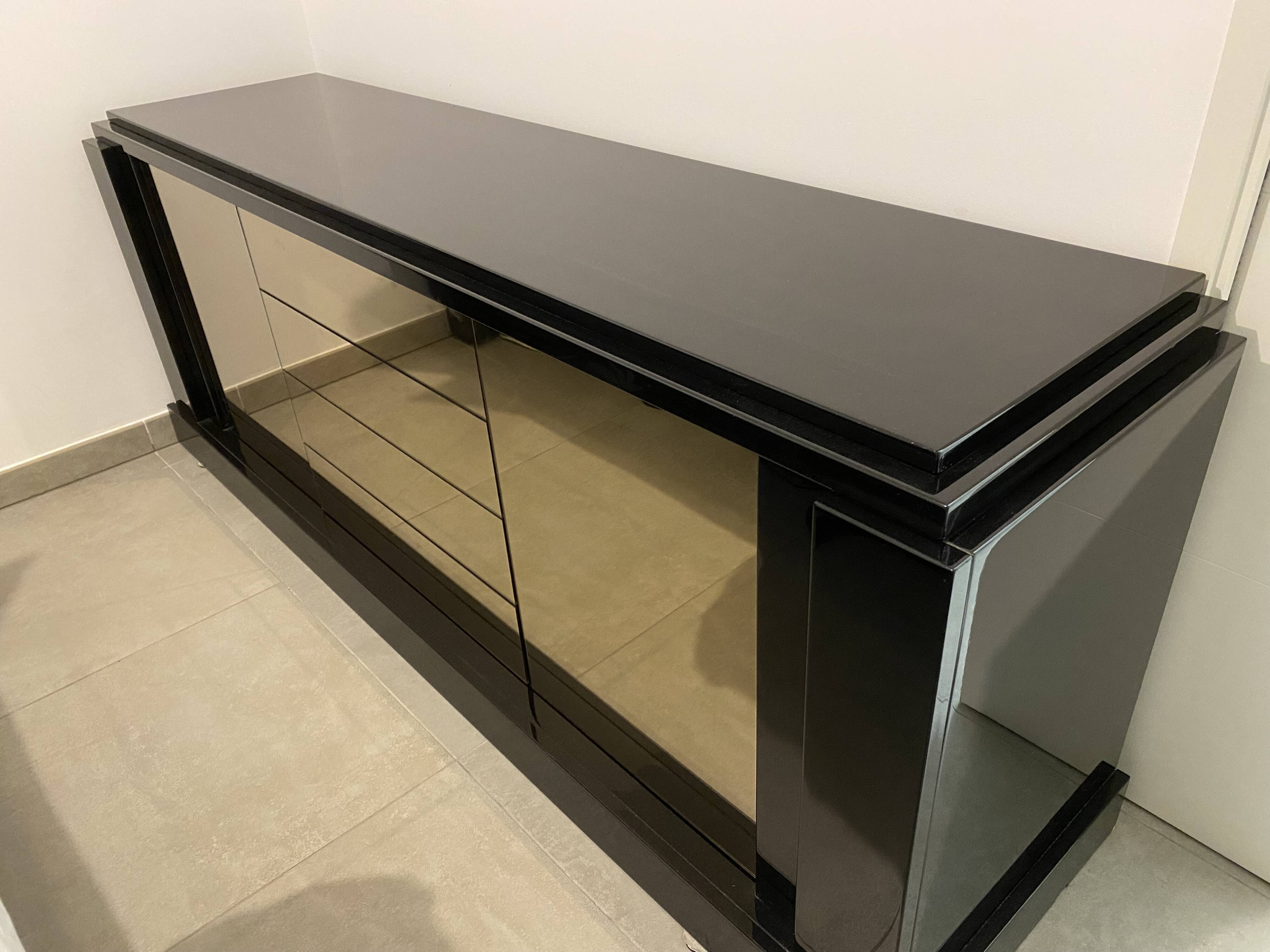 Roche Bobois sideboard black lacquer and mirror signed Paul Michel 80s