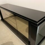 Roche Bobois sideboard black lacquer and mirror signed Paul Michel 80s