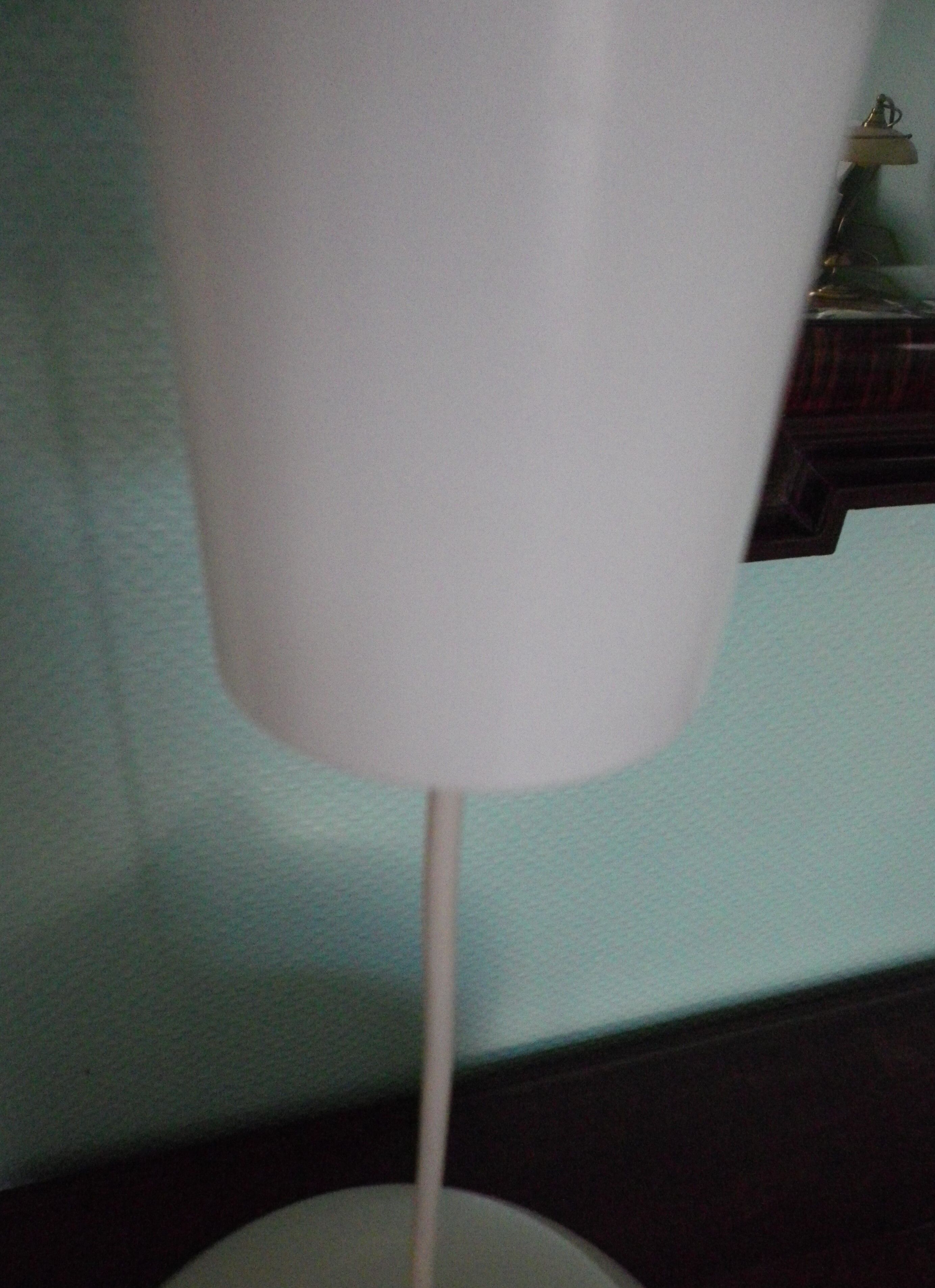 Space age pendant lamp, white opaline with orange silkscreened geometric designs