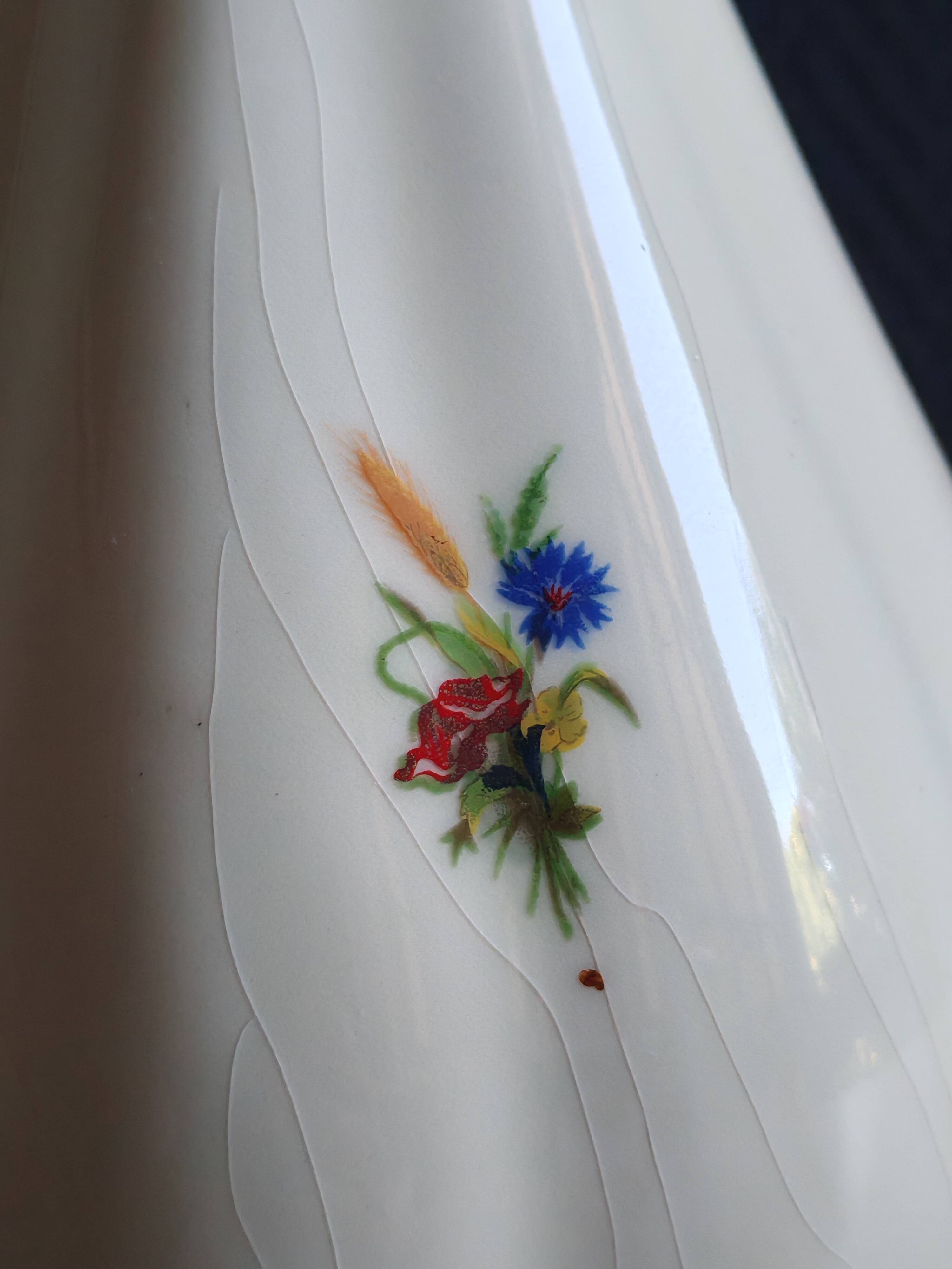 Vintage White Broken Ceramic Vase with Floral Pattern, Ribbed Vase