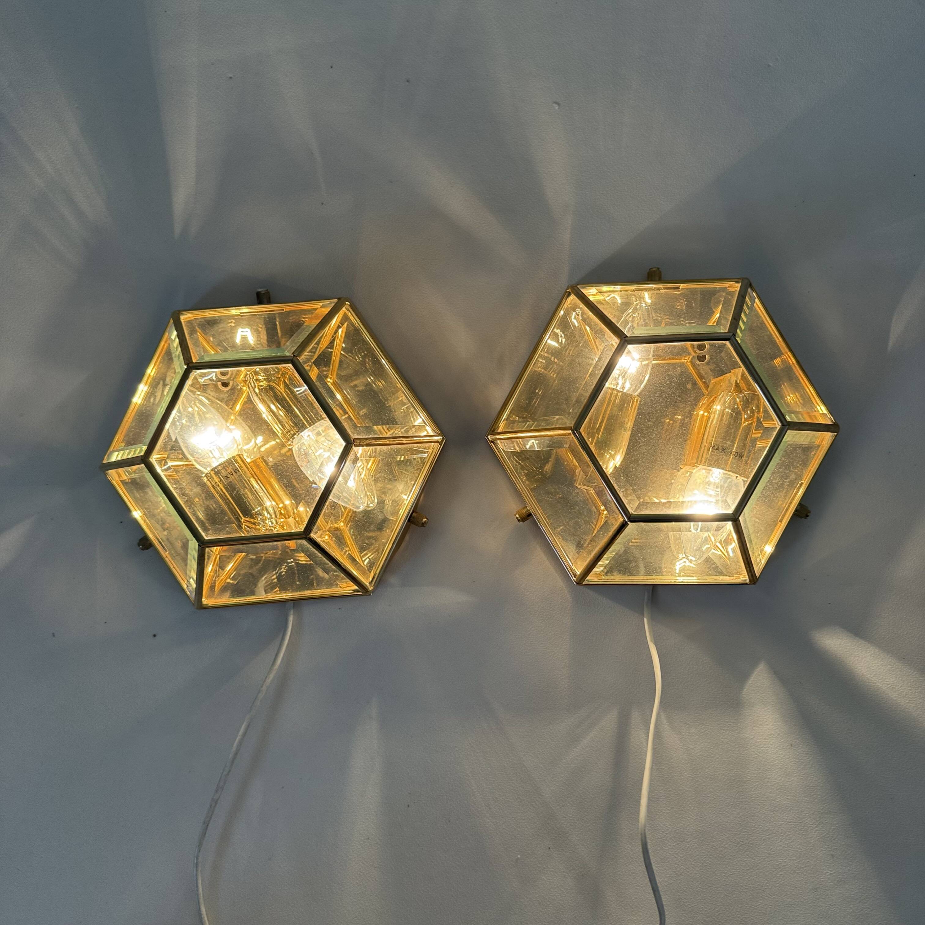 Set of 2 hexagonal wall lamps by Sothis, Italy 1980s