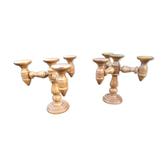 Pair of turned wooden candlesticks