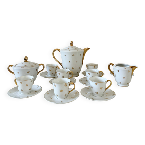 Service à café vintage en porcelaine de Limoges dorée – 15 pièces