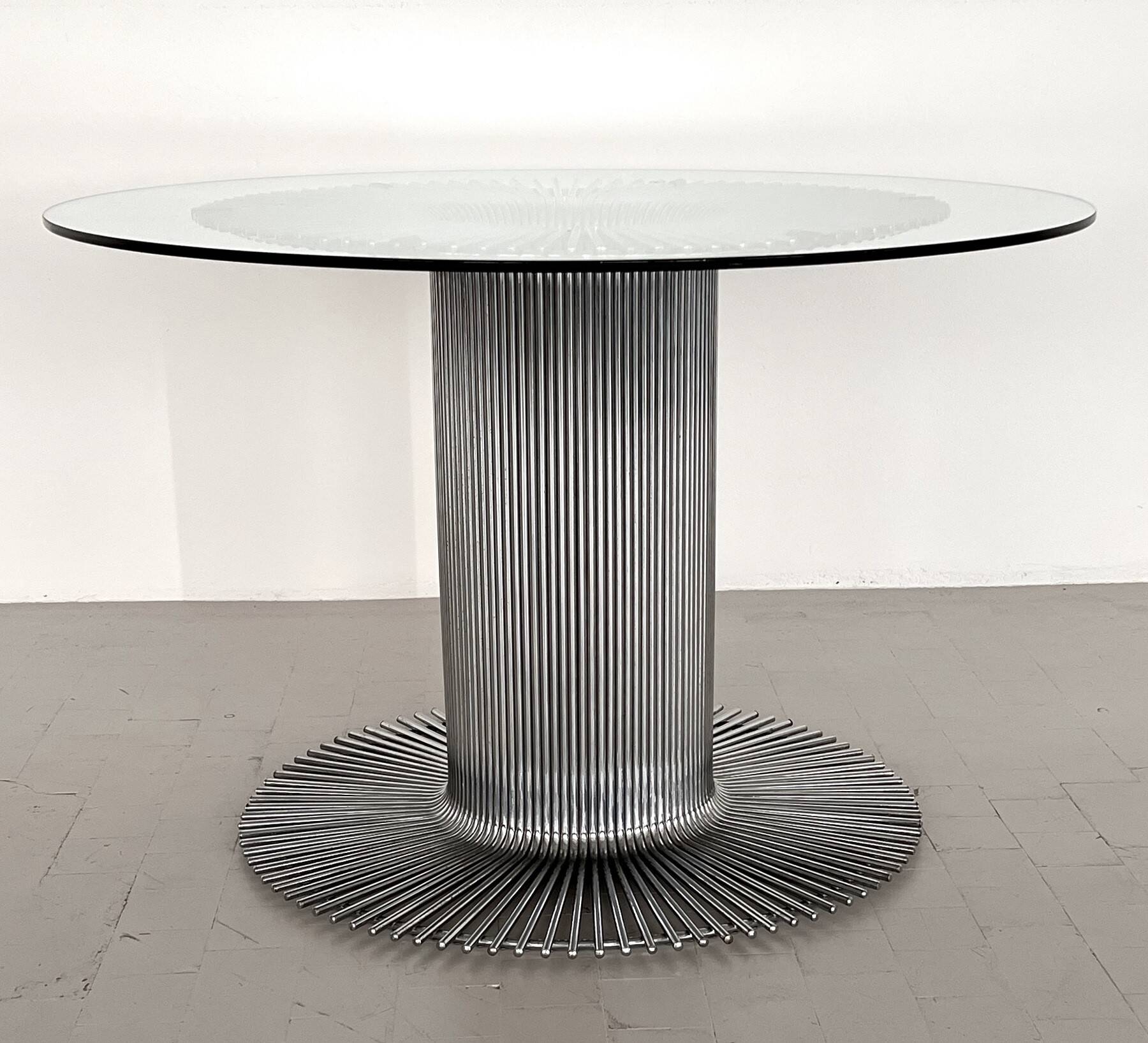 Italian Pedestal Dining Table in Chrome and Glass