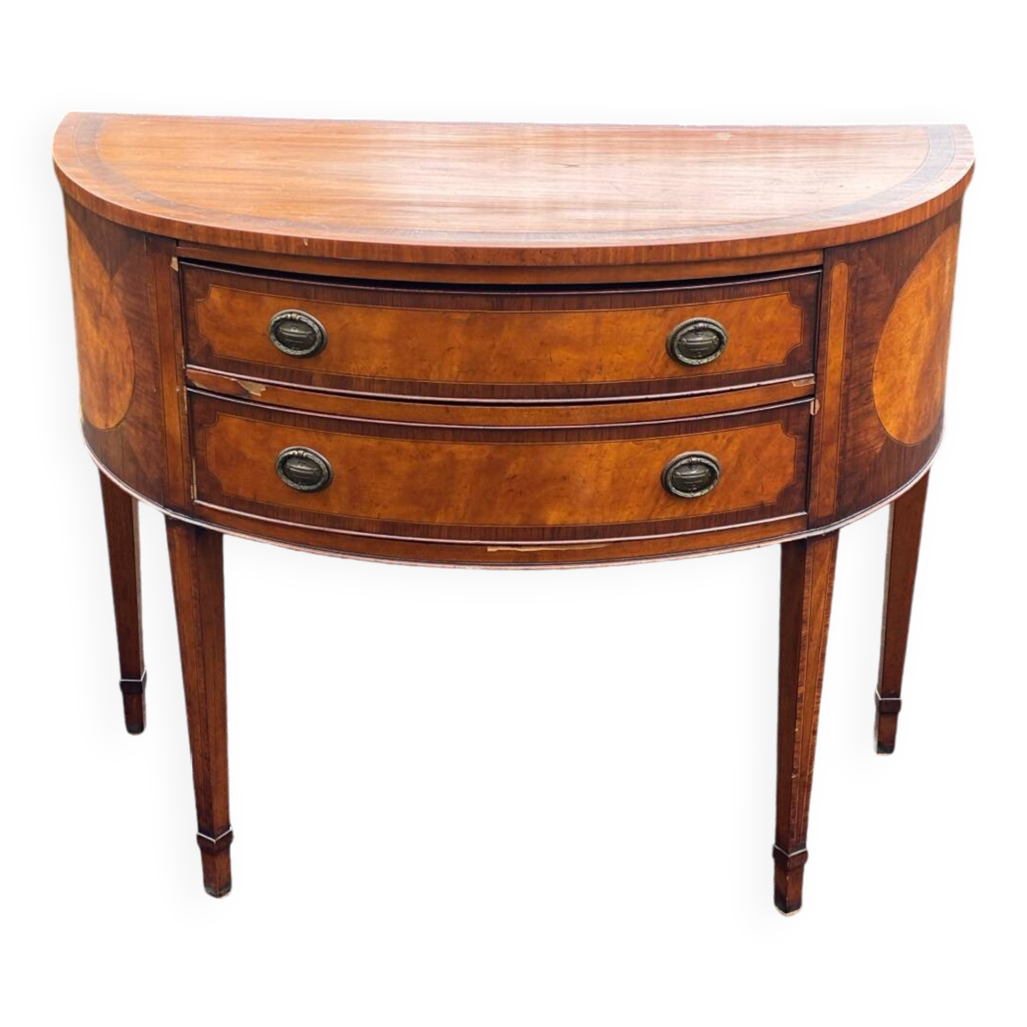Commode console demi lune vintage bois et marqueterie Louis XVI