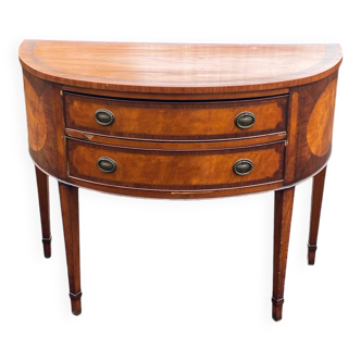 Commode console demi lune vintage bois et marqueterie Louis XVI