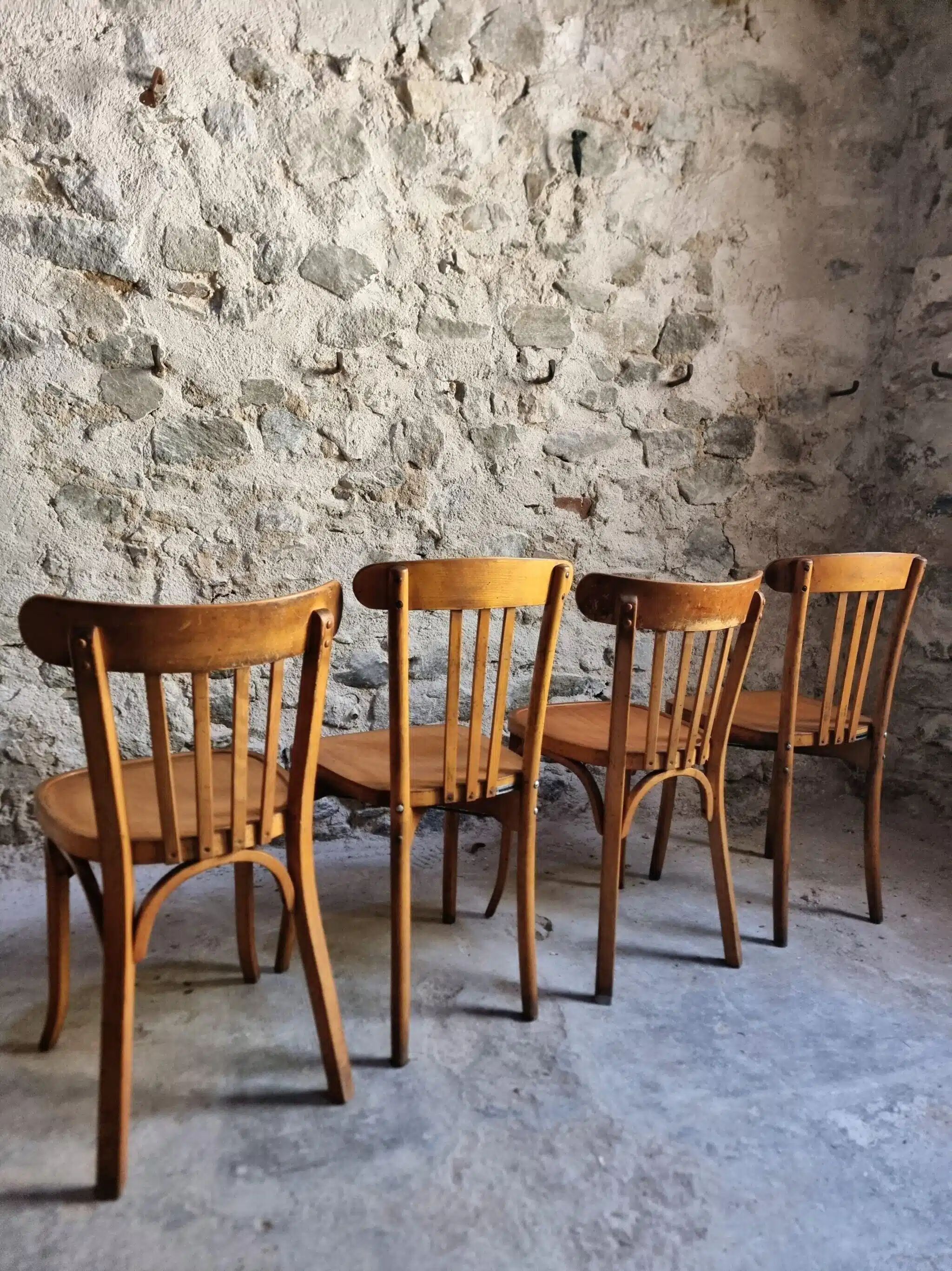Ensemble vintage de 4 chaises bistrot françaises par Baumann & Luterma, bois de hêtre, années 1950