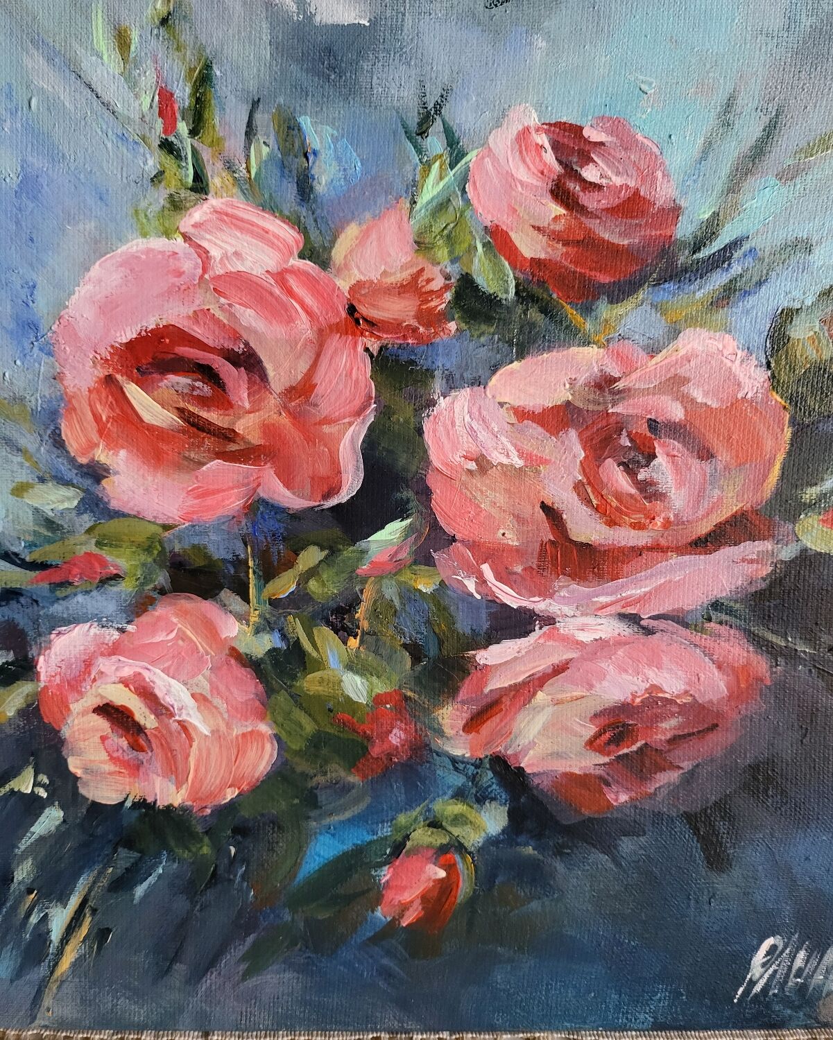 Oil on canvas painting of a bouquet of roses signed Paumier.