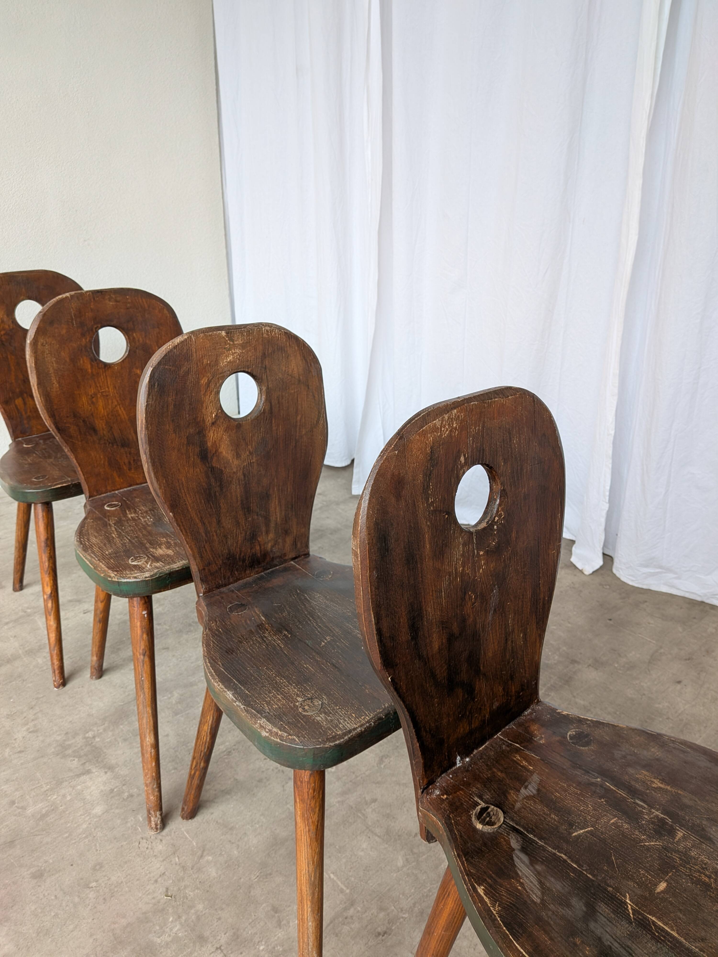 Set of 4 Vintage Brutalist Wooden Chair / Rustic Farmhouse Dining Chair