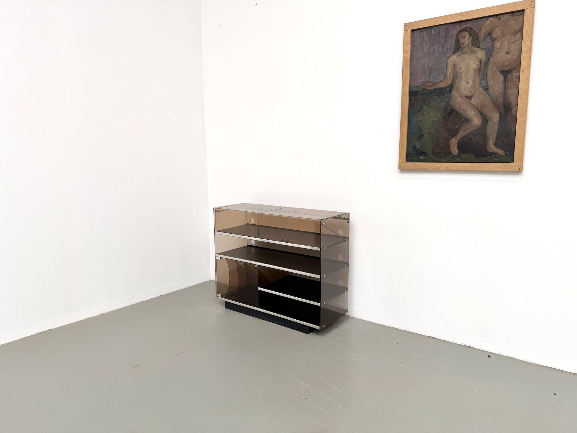 Hi-Fi furniture in smoked plexiglass and aluminium, Eric Maville