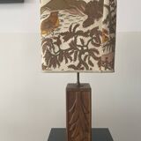 Wooden lamp with carved plant decoration from 1930-50, sold with a 1970 lampshade.