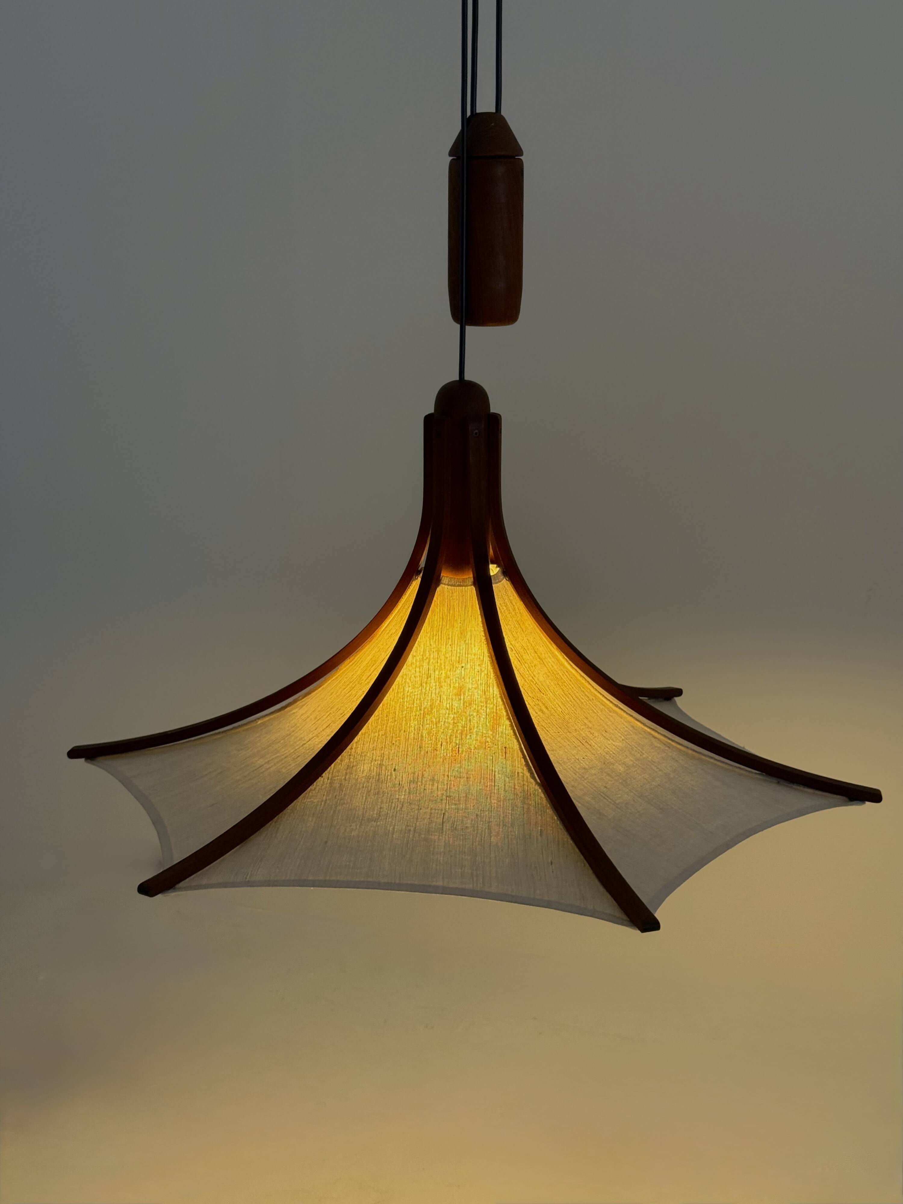 Mid-century teak pendant lamp from Domus with linen shade