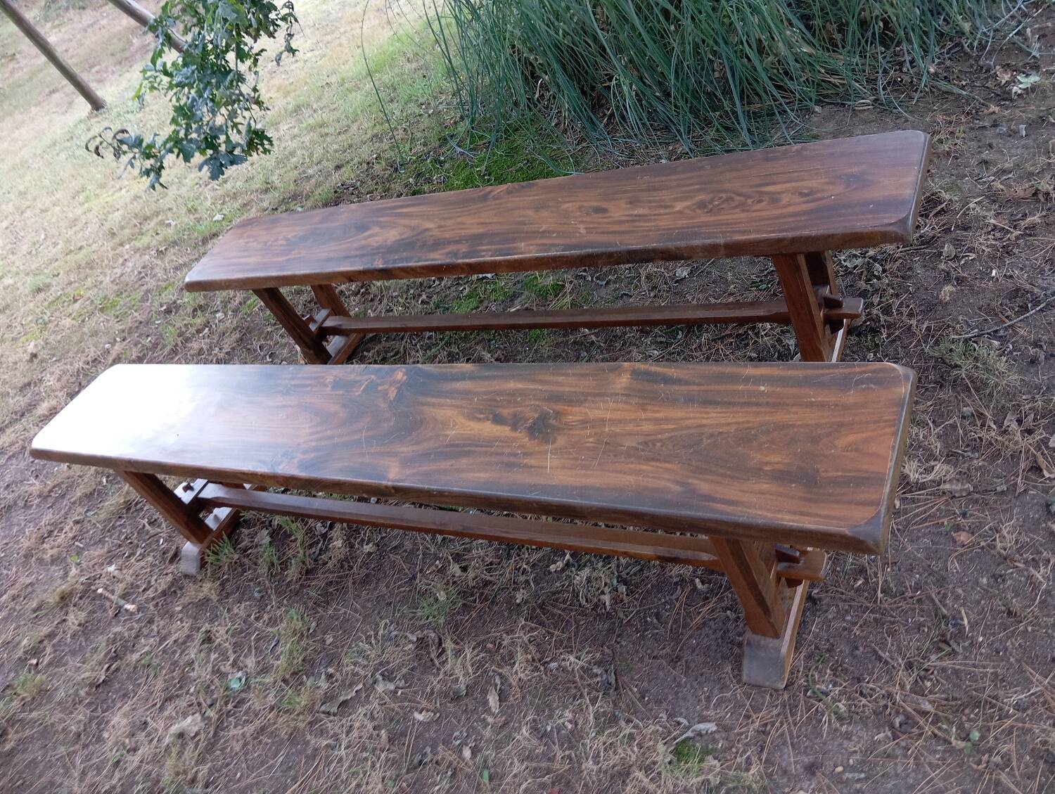 Pair of solid cherry wood farmhouse benches, 1950/60