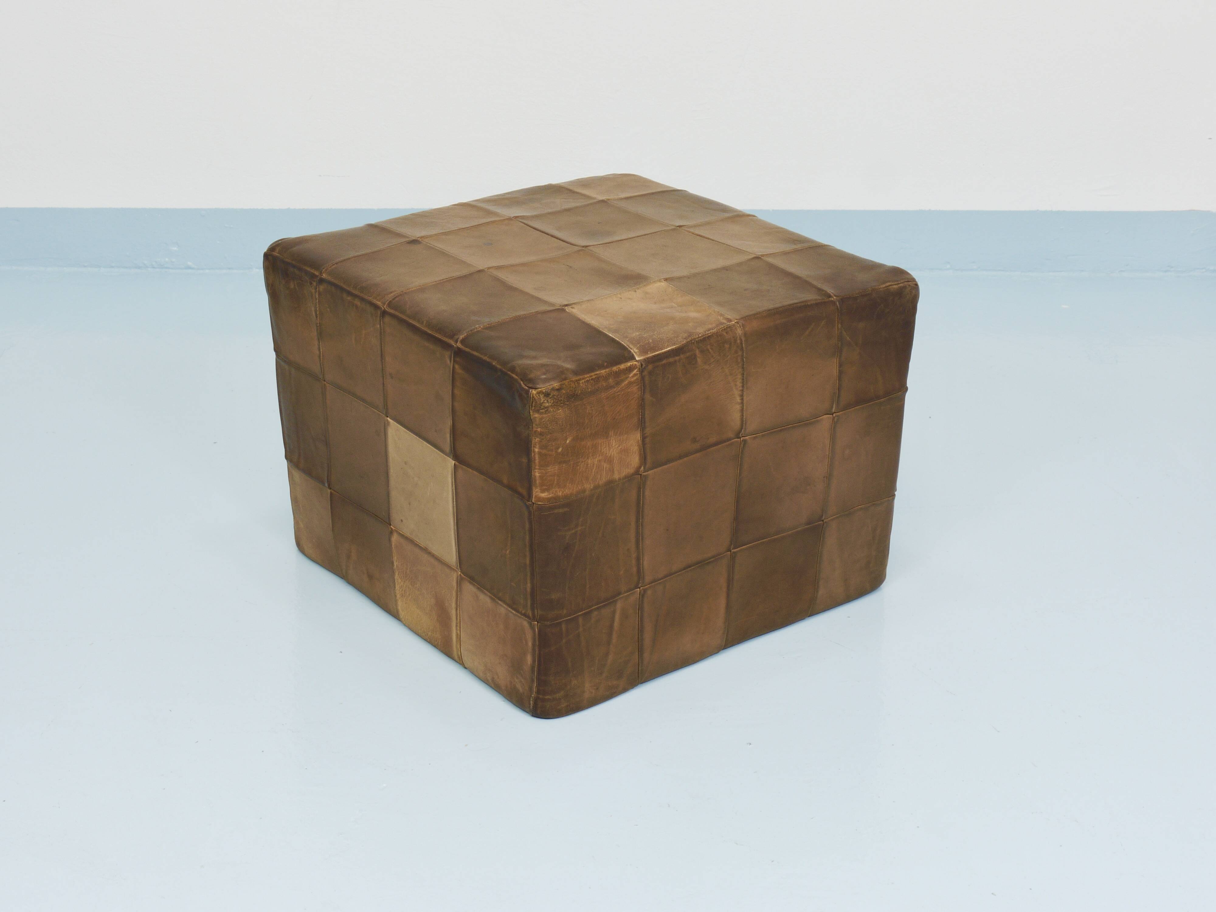 De Sede Patchwork Leather Cube Stool, Pouf, Ottoman, Switzerland, 1970s