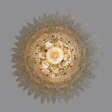 Mid-century Modern Italian Murano Glass and Brass Palmette Chandelier