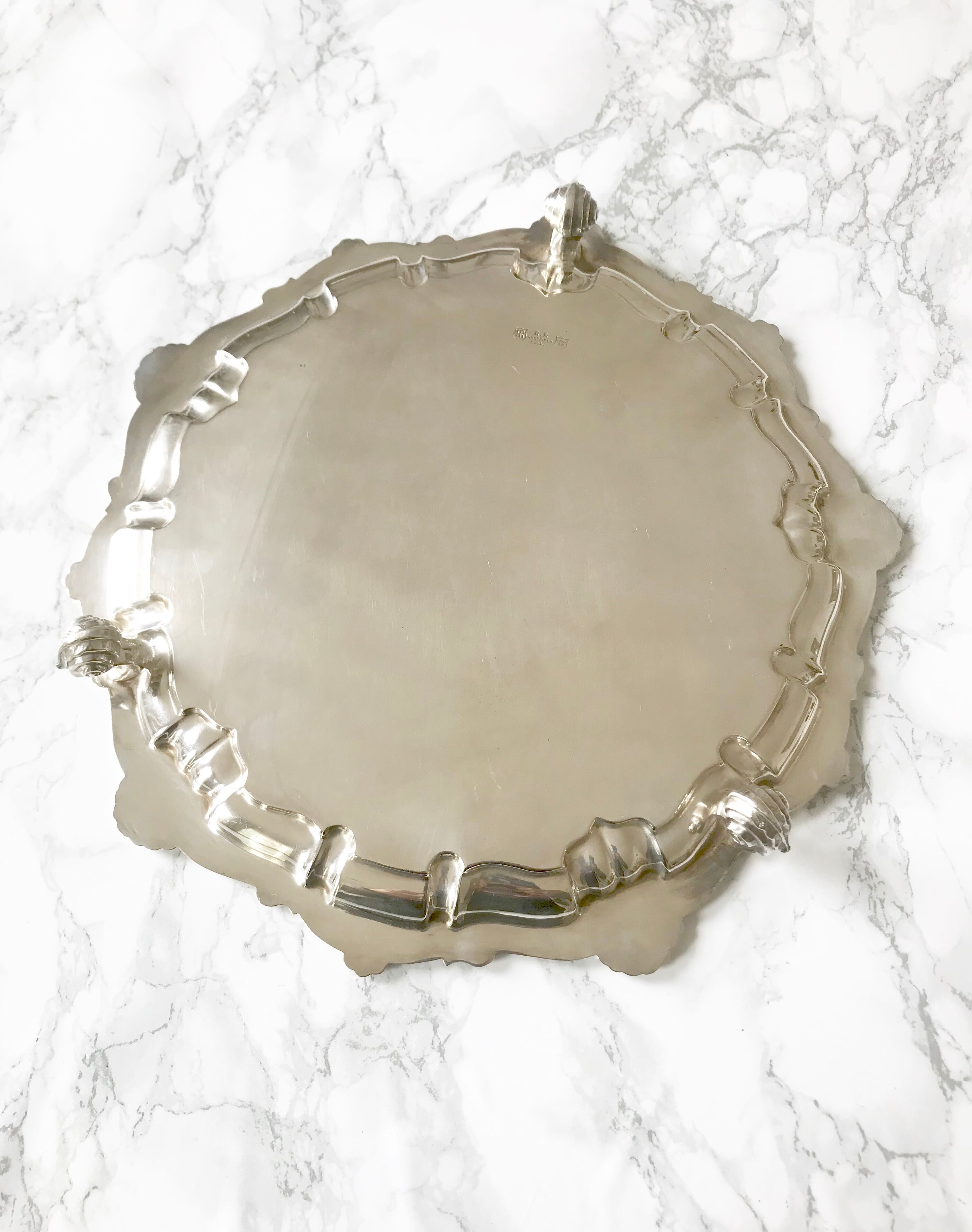 Antique silver metal platter with rockery décor