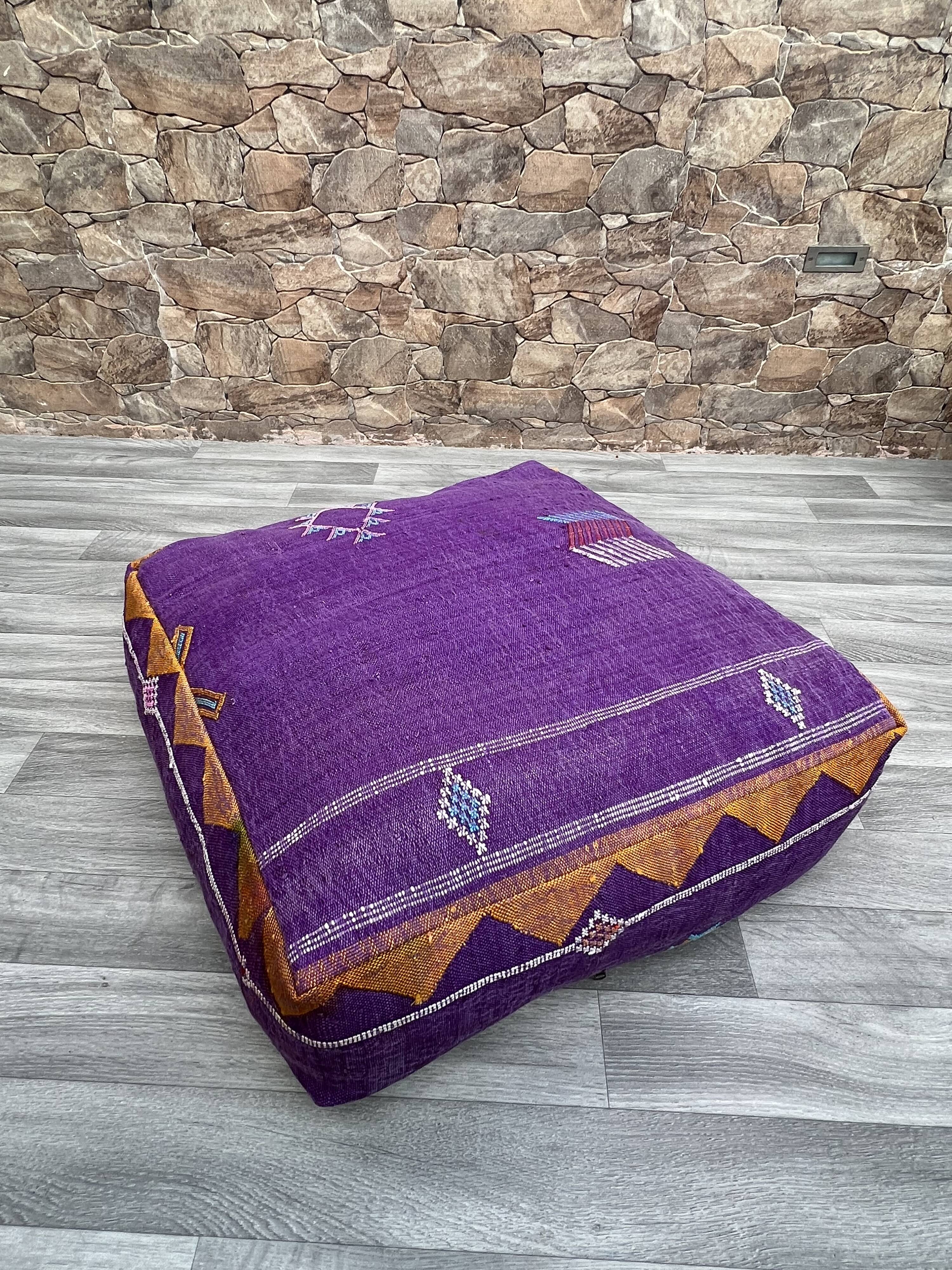 Moroccan Ottoman Pouf, Cactus Silk Pouf, Purple Pouf, Ottoman Stool, Living Room Pouf, Made Pouf
