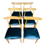 Set of 6 Vintage 1960s Scandinavian Chairs in Beech and Black Leatherette