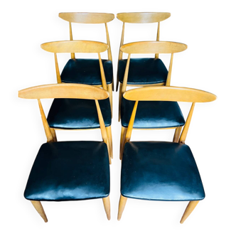 Set of 6 Vintage 1960s Scandinavian Chairs in Beech and Black Leatherette