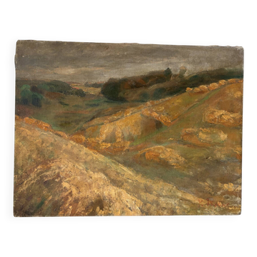 Paysage ochre et brun, huile sur toile signé