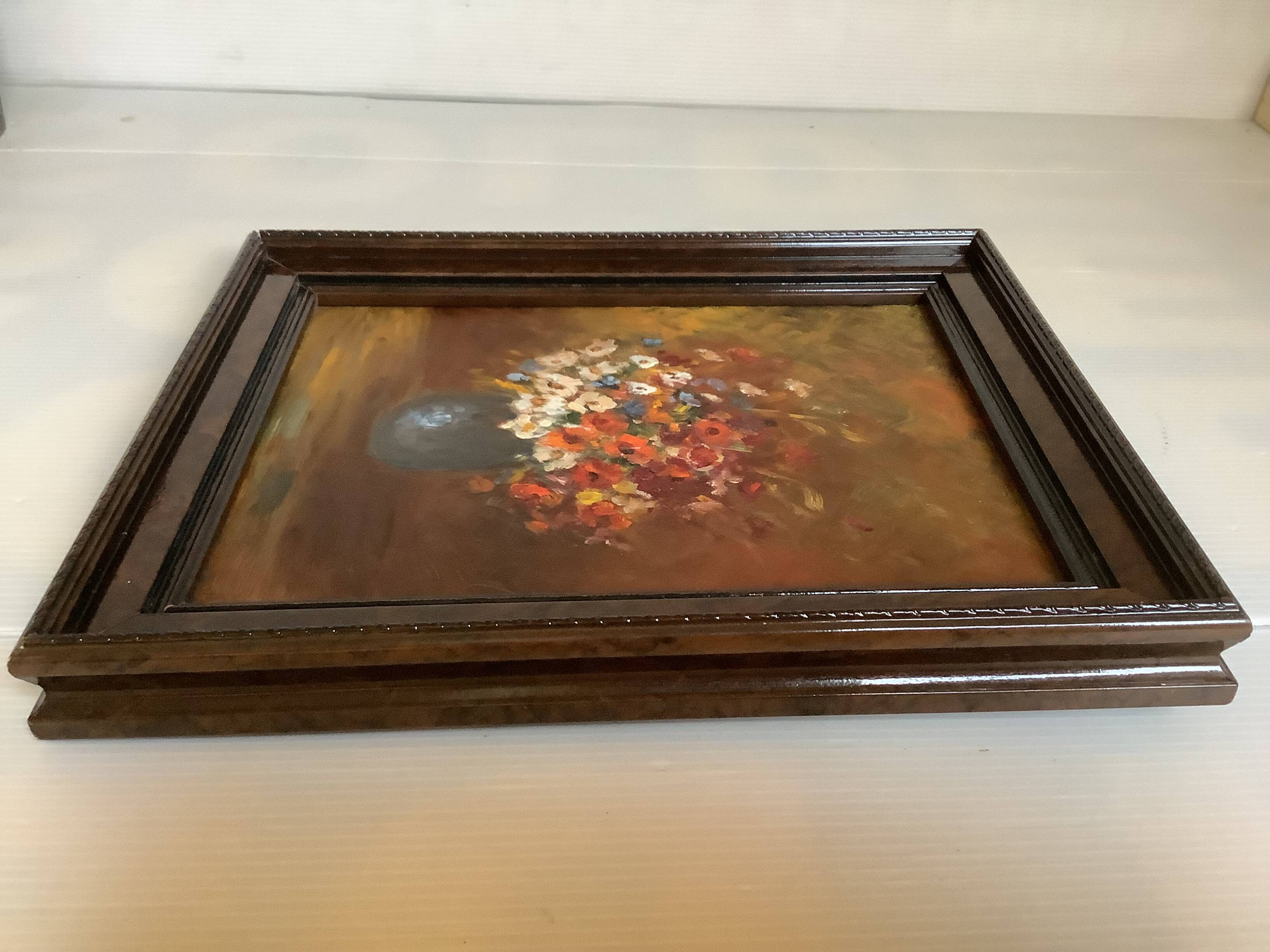 Still life of a bouquet of flowers, oil on cardboard.