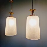 Pair of Mid Century Pendant Lights in Brass and Clear Crackle Glass, 1950s