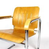 80s curved wood and chrome armchair
