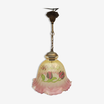 Aged brass suspension, floral decorative glass globe