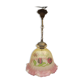 Aged brass suspension, floral decorative glass globe