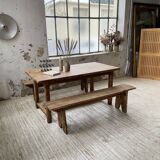 Oak farmhouse table and its two benches