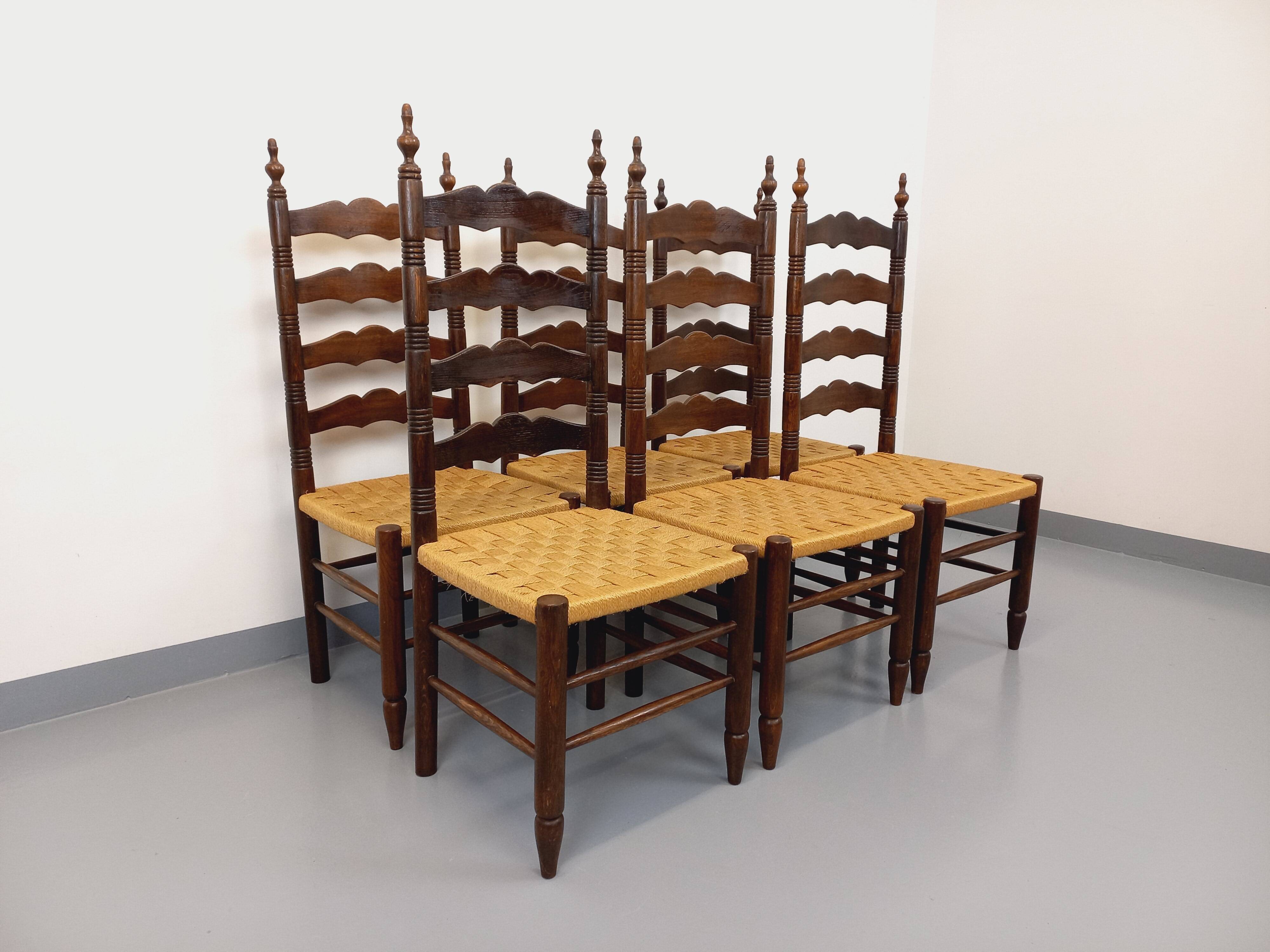 Set of 6 vintage Arts & Crafts chairs in Antonio Calligaris style in rope oak wood from the 50s