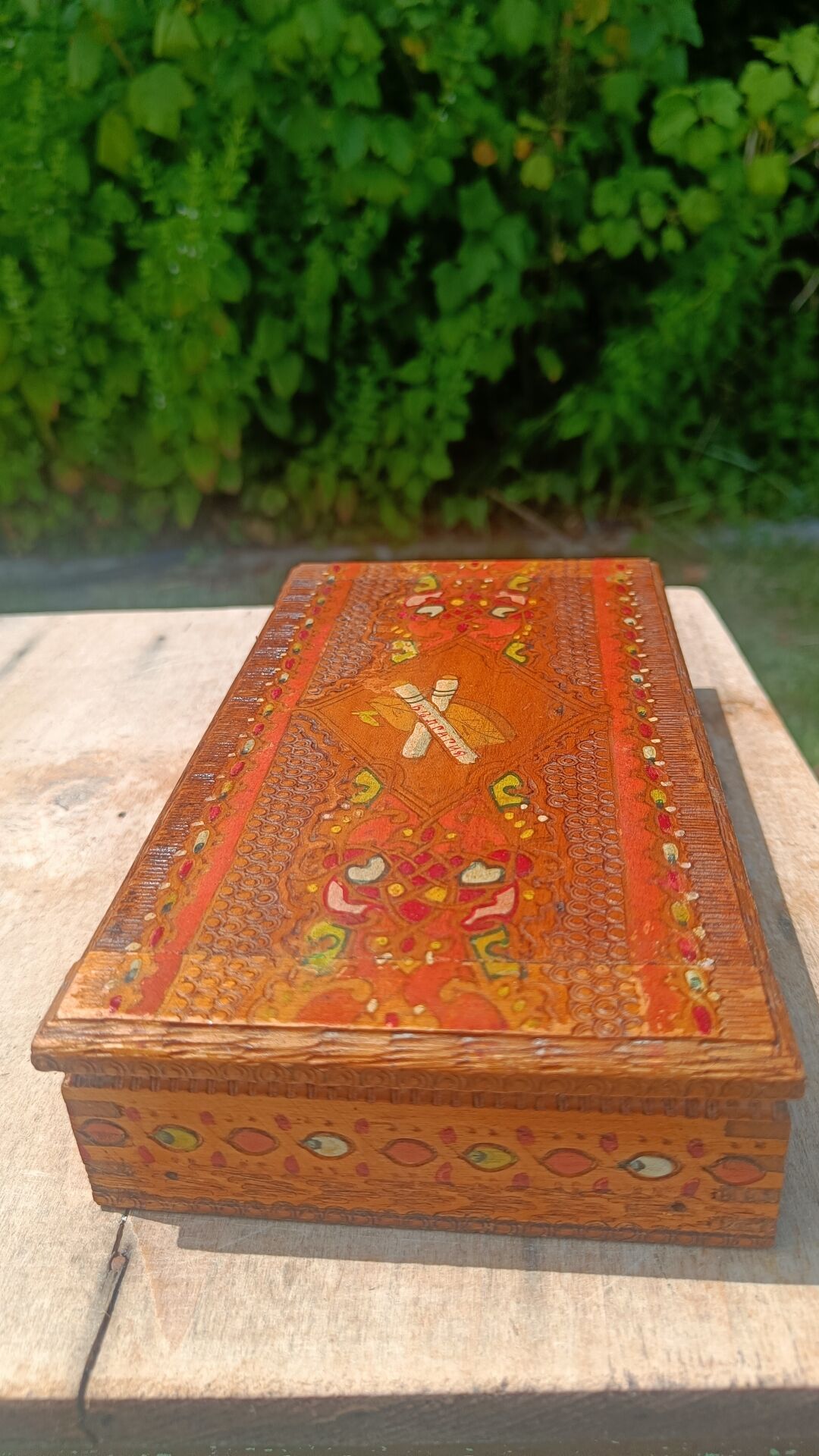 Bulgarian wooden cigarette box, pyrographed and hand-painted.