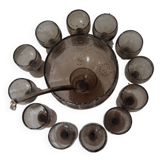 Sangria, punch or fruit salad set in blown glass including 1 cup, 1 ladle and 12 glasses