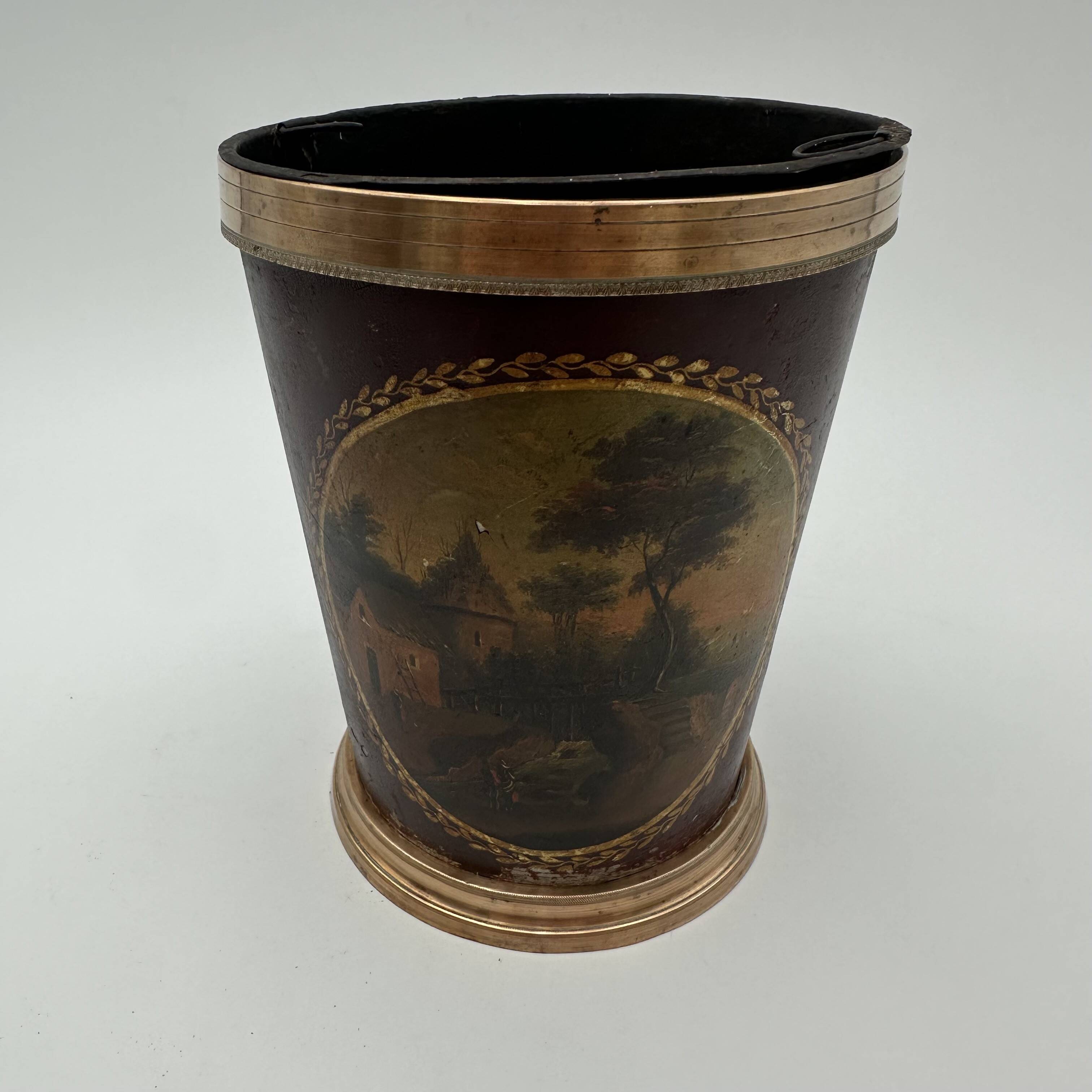 Pair of Painted Tin and Brass Planters, Decorated with Bucolic Landscapes,