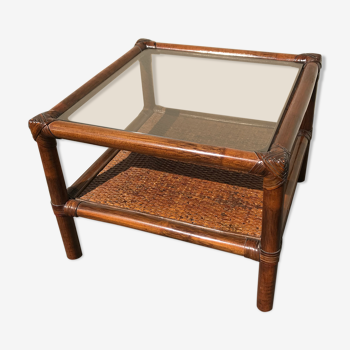 Table basse carrée en bambou vintage 1970