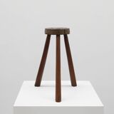 Brutalist French solid oak tripod stool with metal rim, 1850s
