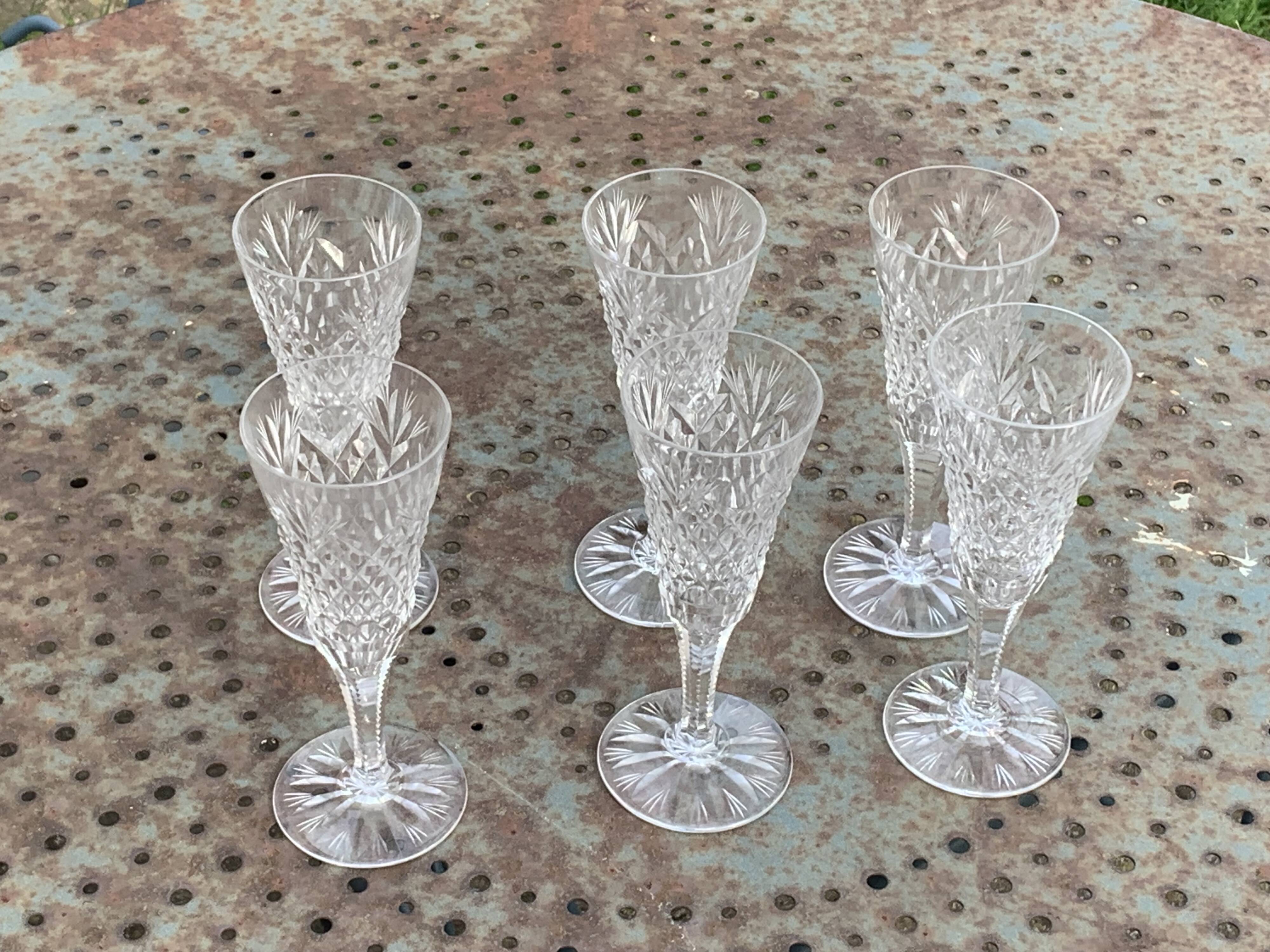 6 champagne flutes in glass and transparent crystal, antique chiseled