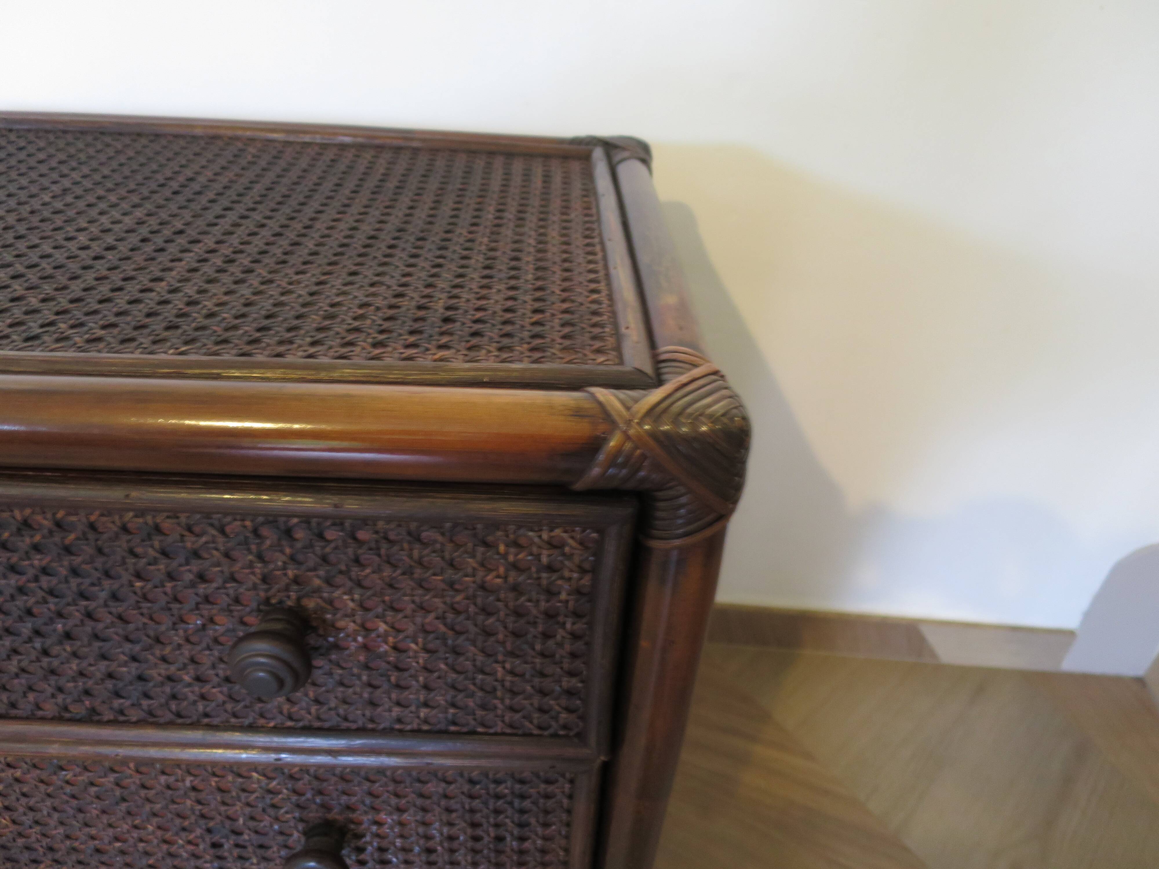 Vintage 3-drawer chest of drawers - wood, bamboo and woven rattan - 1980s