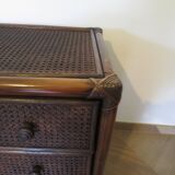Vintage-commode 3 tioirs -bois bambou et rotin tressé - années 80