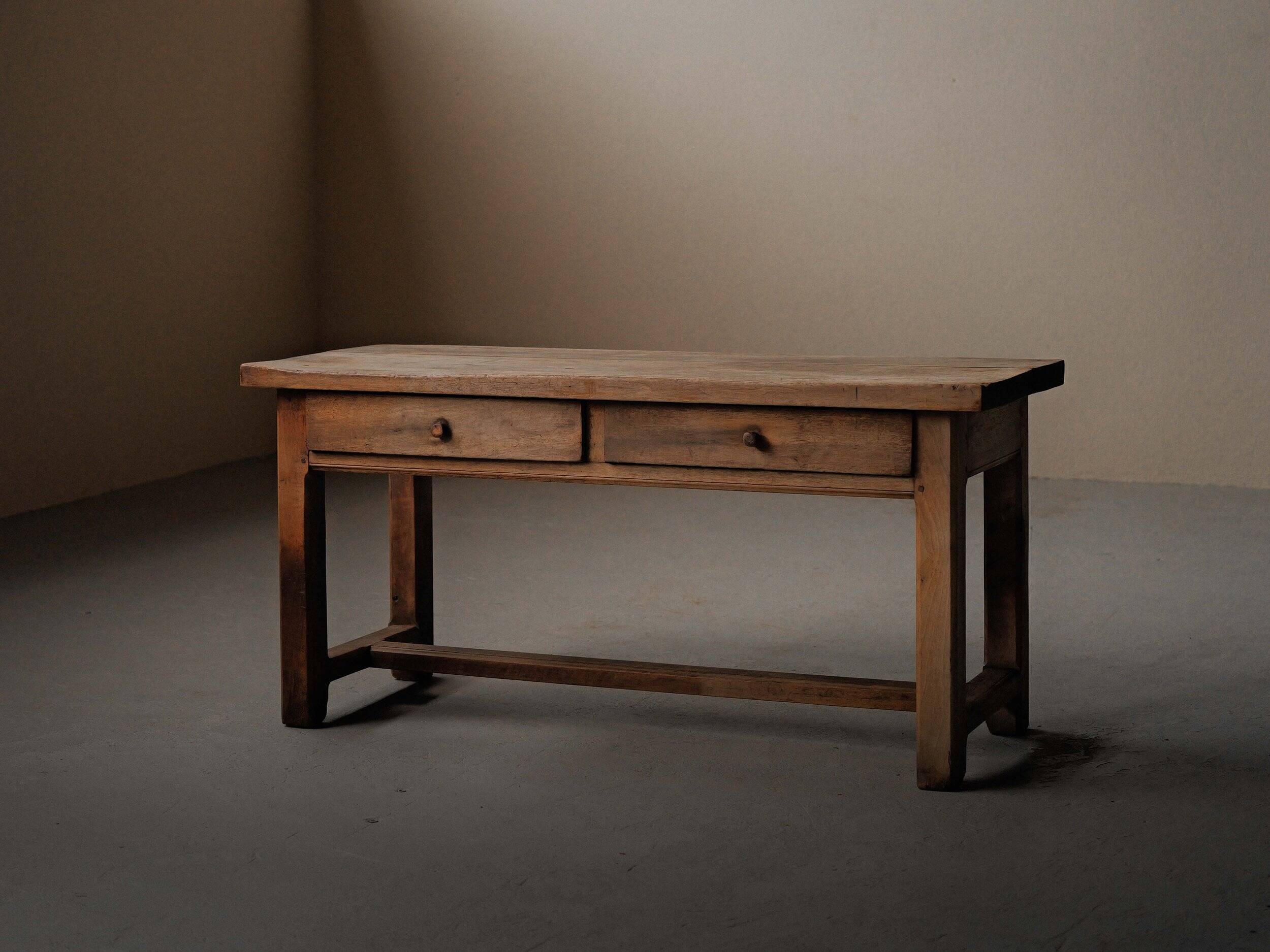 Antique work table/console in solid oak, Auvergne, circa 1900