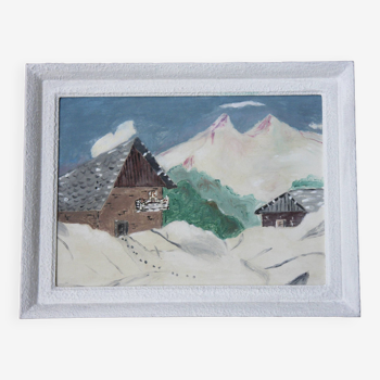 Naive painting, mountain landscape under the snow.