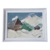 Tableau naïf, paysage de montagne sous la neige.